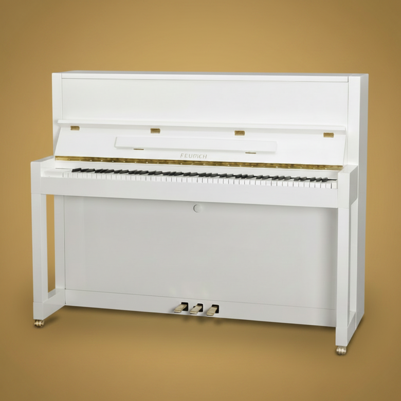 Feurich Mod. F115 - Premiere - Blanco pulido, Herraje Dorado - Para Importación.