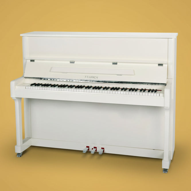 Feurich Mod. F122 - Universal - Blanco pulido, Herraje cromado - Para Importación.